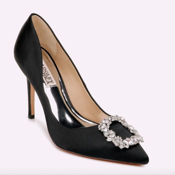 Badgley Mischka Womens Sz 1 Cher Crystal Buckle Pumps Black Satin Stilettos Glam - Picture 1 of 16